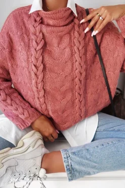 Rebellious Fashion Mauve Cable Knit High Neck Oversized Jumper - Kiyla