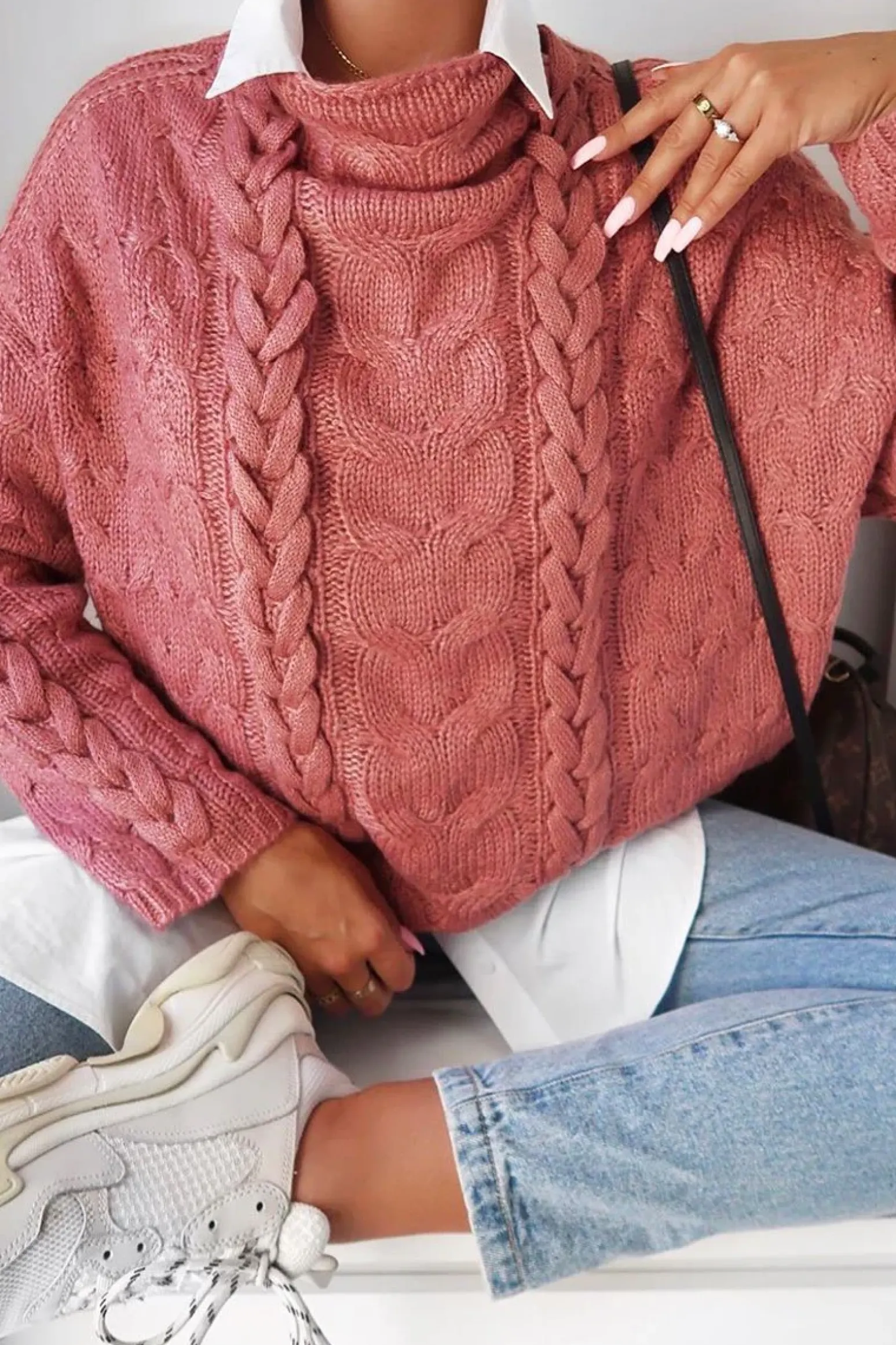 Rebellious Fashion Mauve Cable Knit High Neck Oversized Jumper - Kiyla