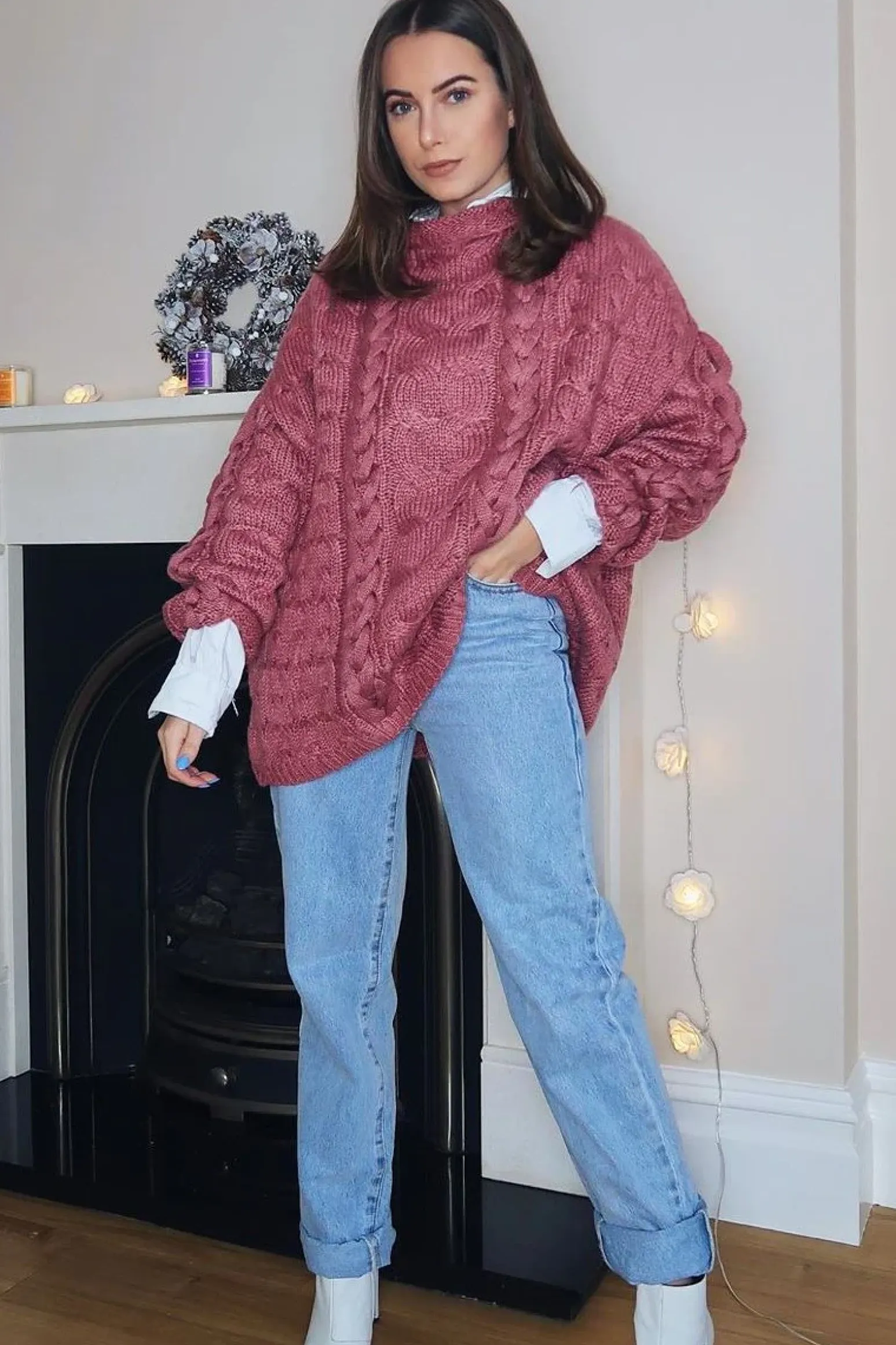 Rebellious Fashion Mauve Cable Knit High Neck Oversized Jumper - Kiyla