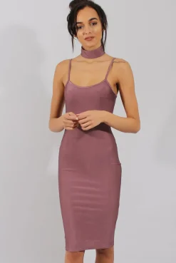 Rebellious Fashion Mauve Choker Bodycon Midi Dress - Meli