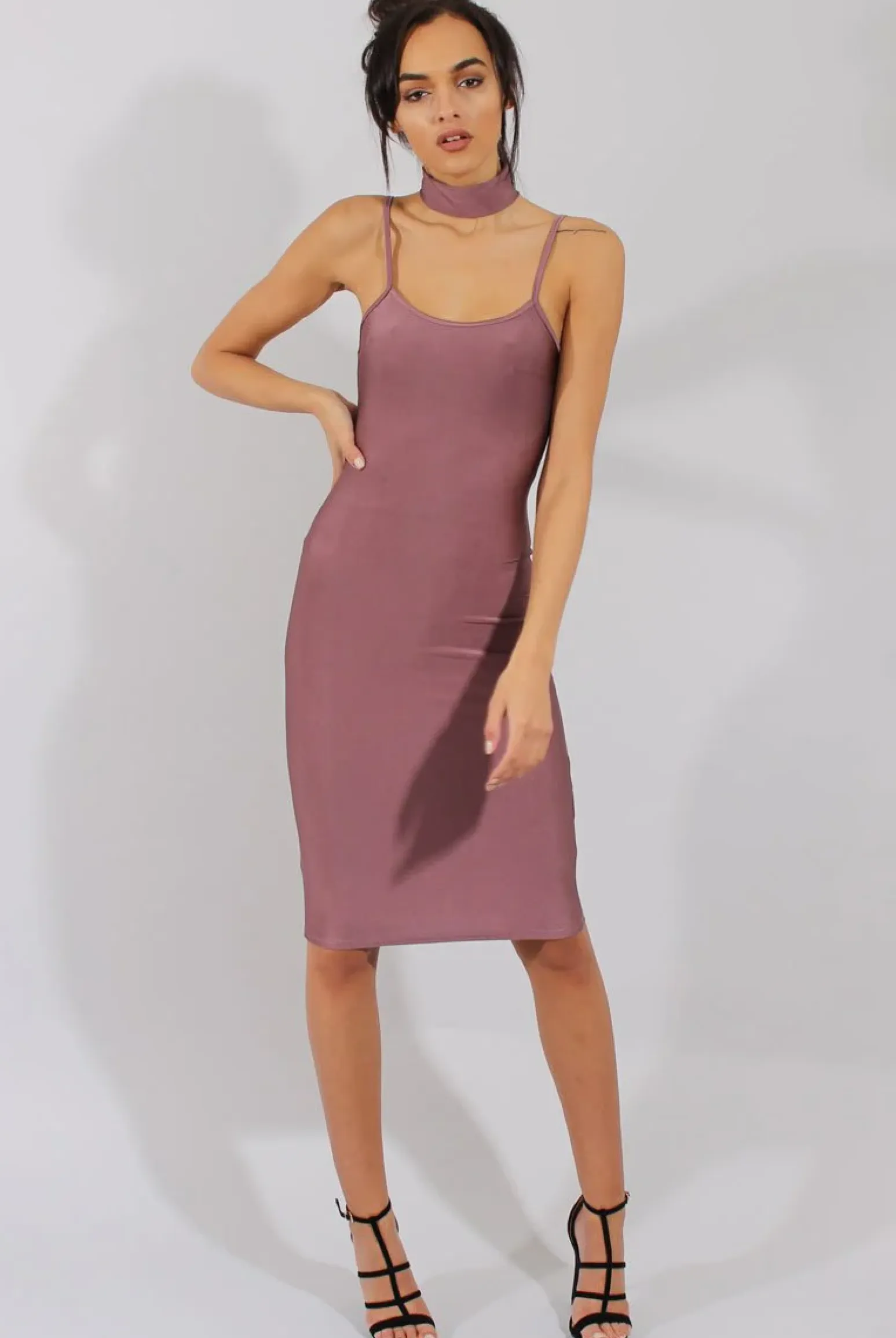 Rebellious Fashion Mauve Choker Bodycon Midi Dress - Meli