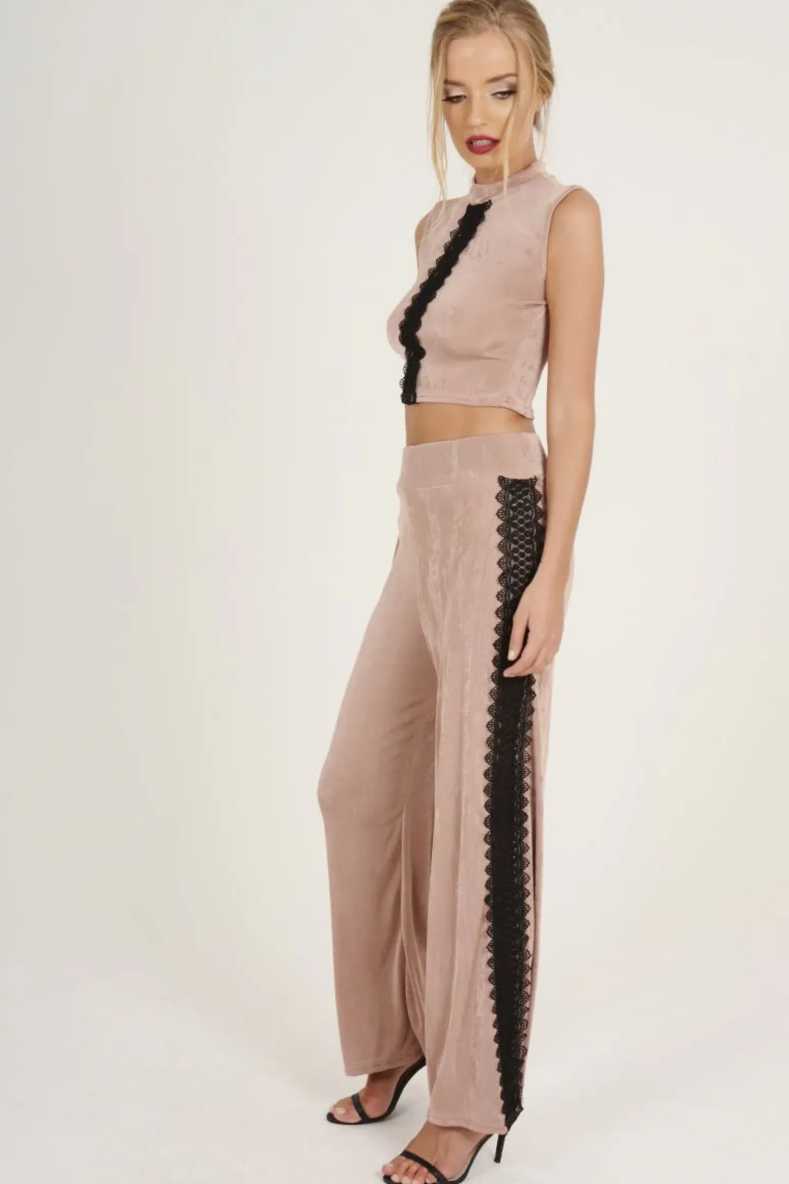 Rebellious Fashion Mauve Crochet Trim Wide Leg Co-ord - Devlin