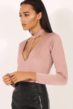 Rebellious Fashion Mauve Harness Choker Long Sleeve Bodysuit - Sandra