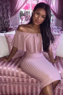 Rebellious Fashion Mauve Pinstripe Frill Bardot Bodycon Midi Dress -Jovey