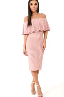 Rebellious Fashion Mauve Pinstripe Frill Bardot Bodycon Midi Dress -Jovey