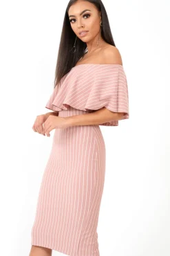 Rebellious Fashion Mauve Pinstripe Frill Bardot Bodycon Midi Dress -Jovey