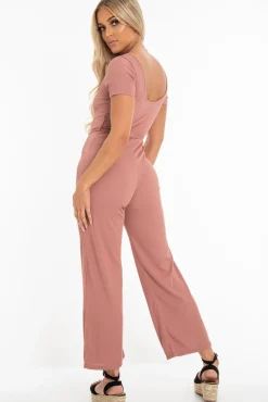 Rebellious Fashion Mauve Rib V Neck Button Front Jumpsuit - Cassandra