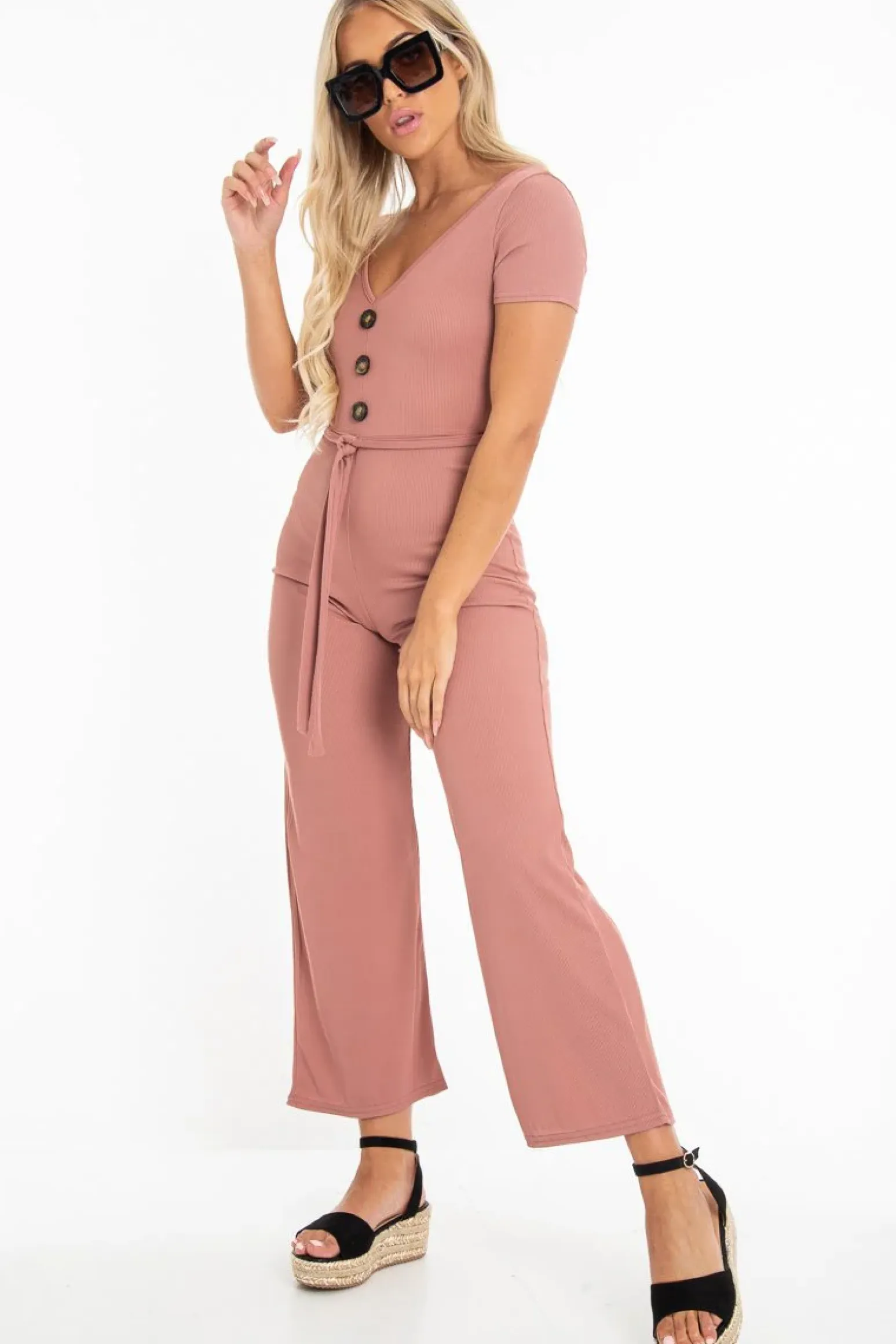 Rebellious Fashion Mauve Rib V Neck Button Front Jumpsuit - Cassandra