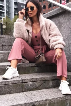Rebellious Fashion Mauve Rib V Neck Button Front Jumpsuit - Cassandra