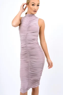 Rebellious Fashion Mauve Ruched Midi Dress - Brylee