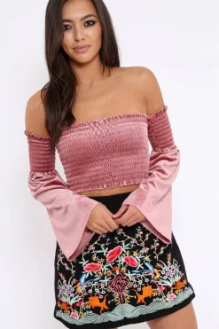 Rebellious Fashion Mauve Velvet Bardot Shirred Crop Top with Flared Sleeves - Shera