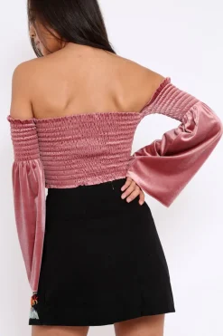 Rebellious Fashion Mauve Velvet Bardot Shirred Crop Top with Flared Sleeves - Shera