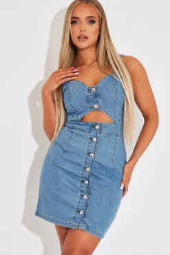 Rebellious Fashion Mid Blue Cut Out Button Front Denim Mini Dress - Saphia