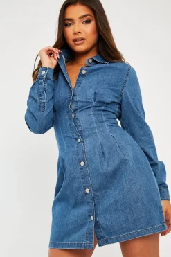 Rebellious Fashion Mid Blue Tailored Waist Denim Shirt Dress - Danaria