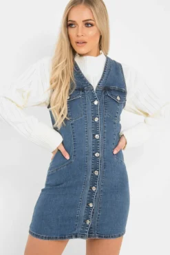 Rebellious Fashion Mid Wash Button Front Sleeveless Denim Dress - Kamiya