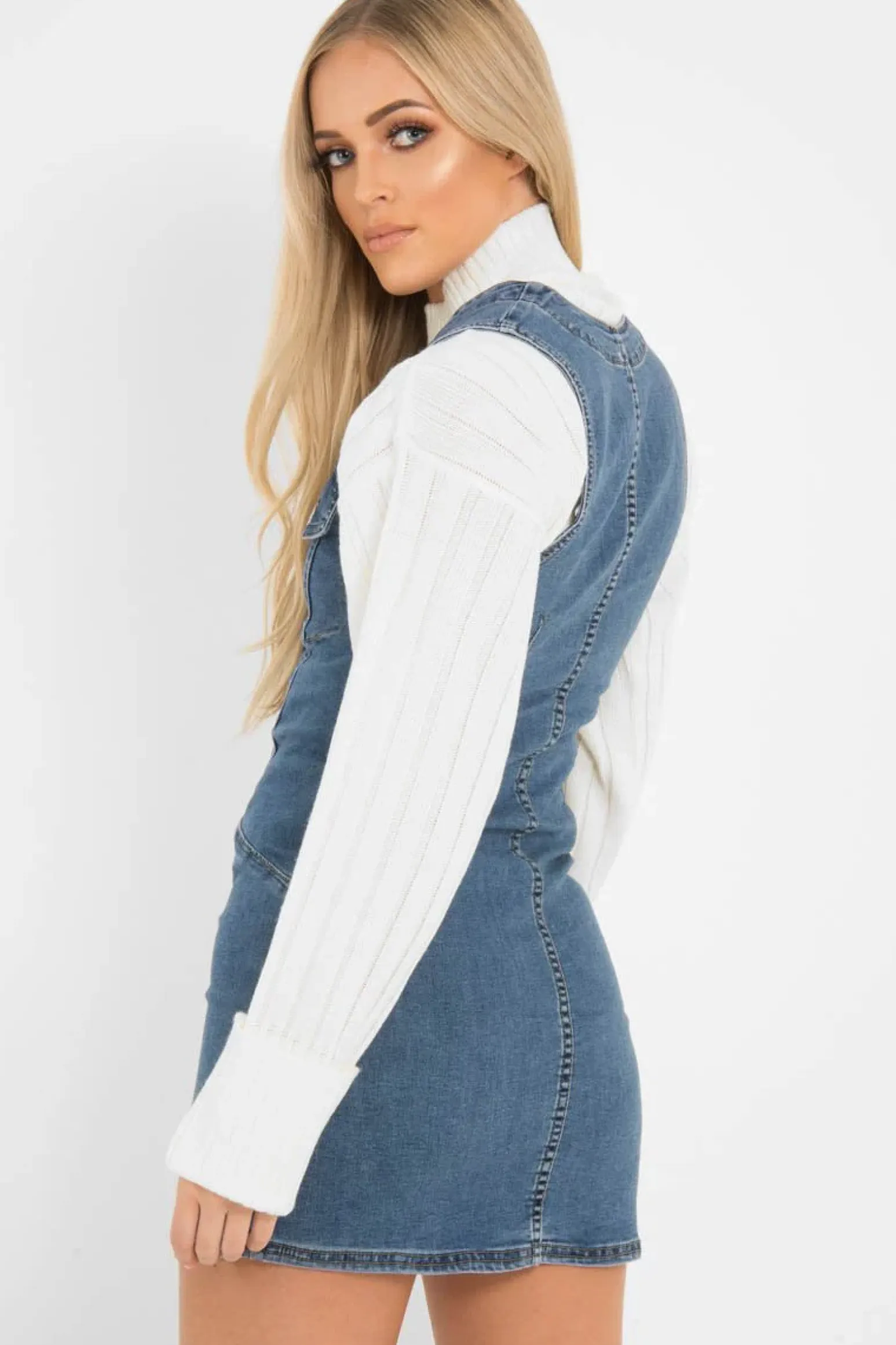 Rebellious Fashion Mid Wash Button Front Sleeveless Denim Dress - Kamiya