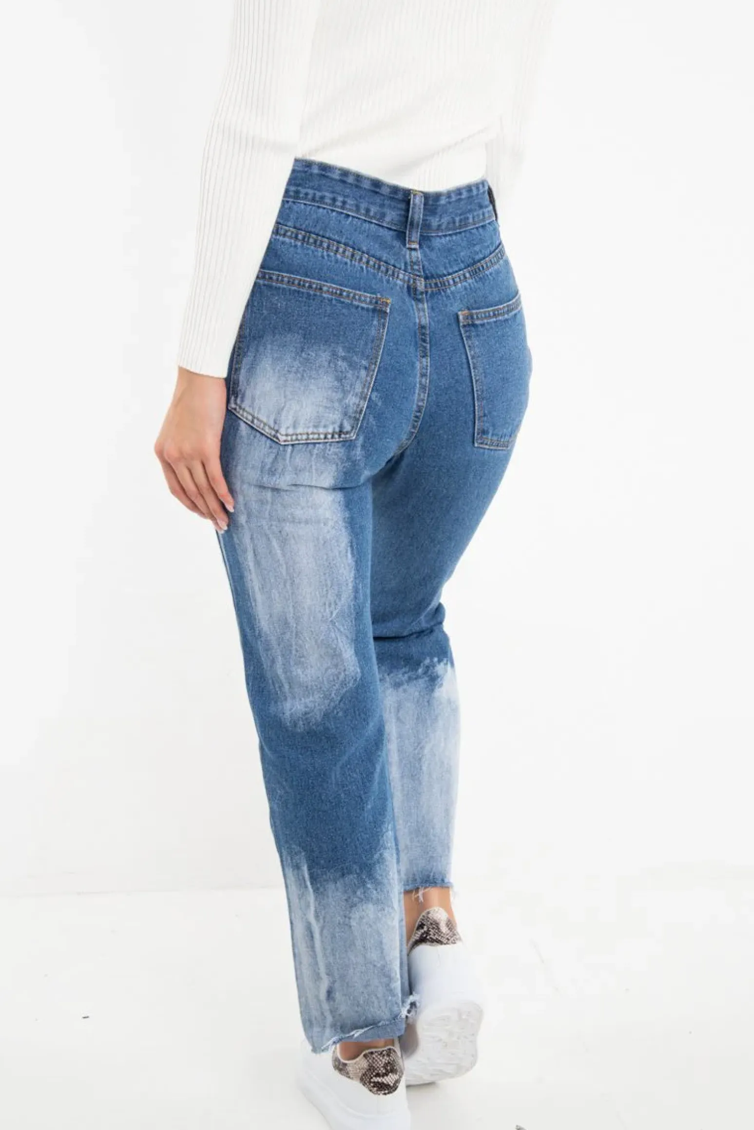 Rebellious Fashion Mid Blue Acid Wash Straight Leg Denim Jeans - Eleina
