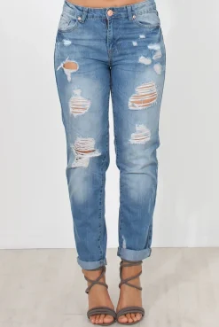 Rebellious Fashion Mid Blue Boyfriend Jeans-Lilly