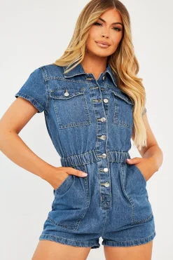 Rebellious Fashion Mid Blue Button Front Denim Playsuit - Briasia