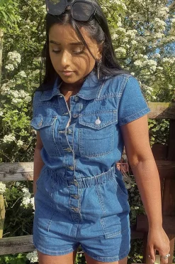 Rebellious Fashion Mid Blue Button Front Denim Playsuit - Briasia