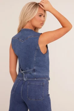 Rebellious Fashion Mid Blue Button Up Denim Waistcoat - Angelica