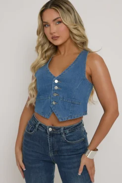 Rebellious Fashion Mid Blue Button Up Front Denim Waistcoat - Tobi