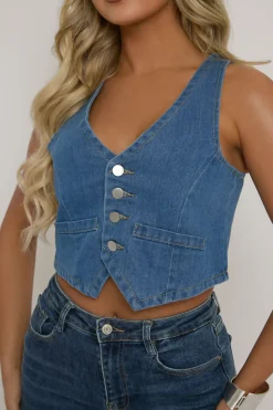 Rebellious Fashion Mid Blue Button Up Front Denim Waistcoat - Tobi