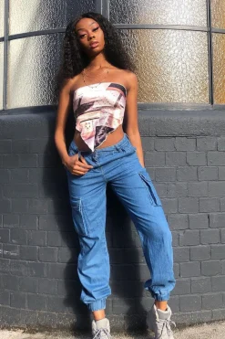 Rebellious Fashion Mid Blue Cargo Cuffed Ankle Denim Jeans - Amarisa
