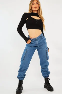 Rebellious Fashion Mid Blue Cargo Cuffed Ankle Denim Jeans - Amarisa