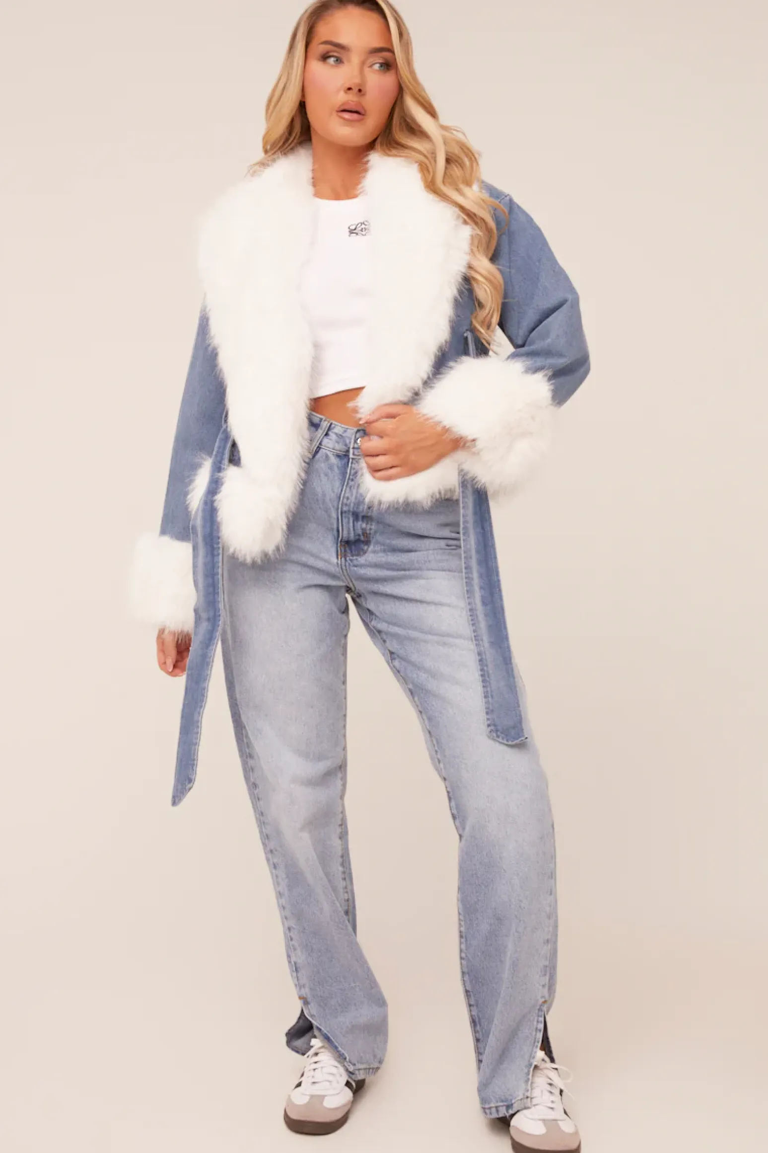 Rebellious Fashion Mid Blue Denim Faux Fur Biker Jacket - Carin