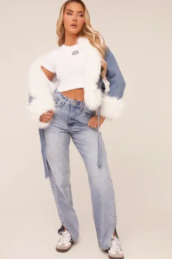 Rebellious Fashion Mid Blue Denim Faux Fur Biker Jacket - Carin