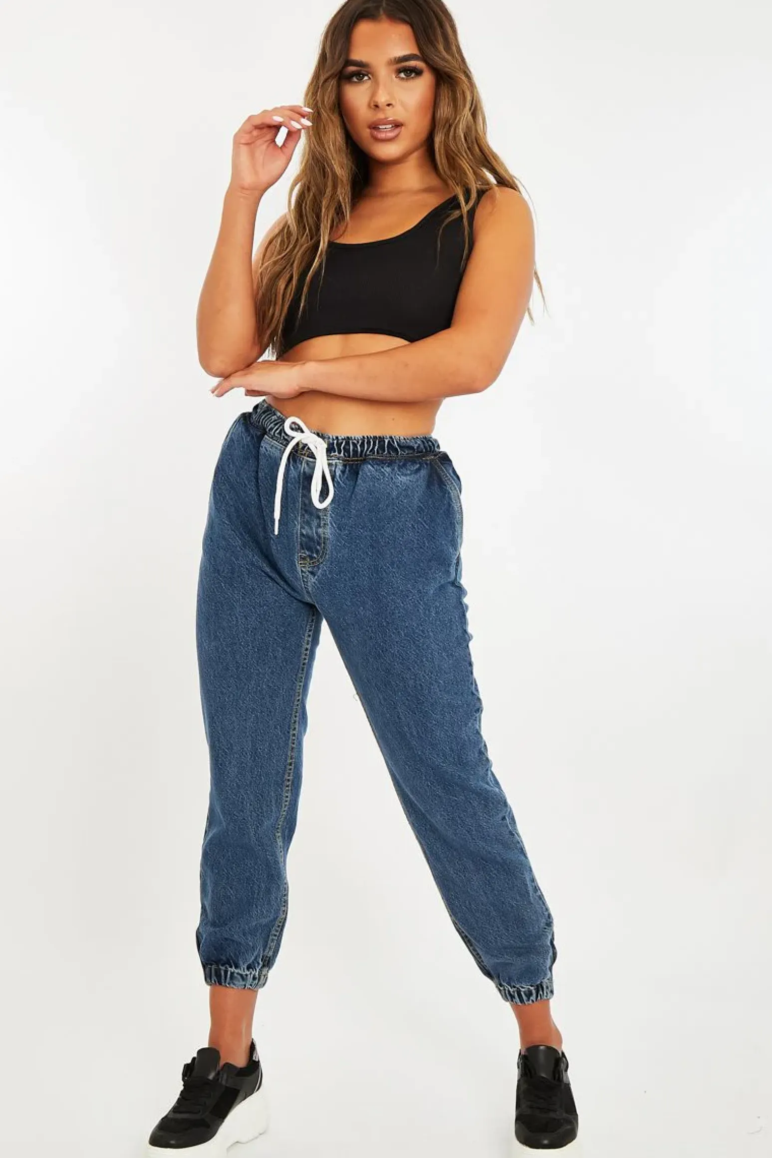 Rebellious Fashion Mid Blue Denim Oversized Joggers - Vylette
