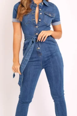 Rebellious Fashion Mid Blue Denim Short Sleeve Button Up Belted Waist Boilersuit - Stevie