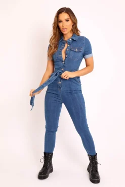Rebellious Fashion Mid Blue Denim Short Sleeve Button Up Belted Waist Boilersuit - Stevie