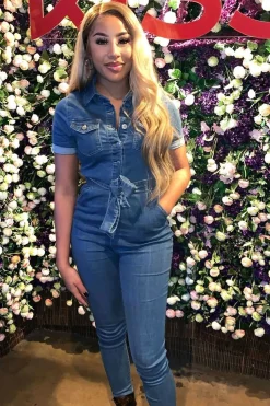 Rebellious Fashion Mid Blue Denim Short Sleeve Button Up Belted Waist Boilersuit - Stevie