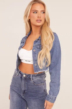 Rebellious Fashion Mid Blue Distressed Frayed Hem Denim Jacket - Indiana