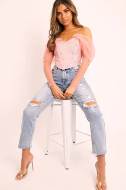 Rebellious Fashion Mid Blue Distressed Knee Boyfriend Jeans - Pia