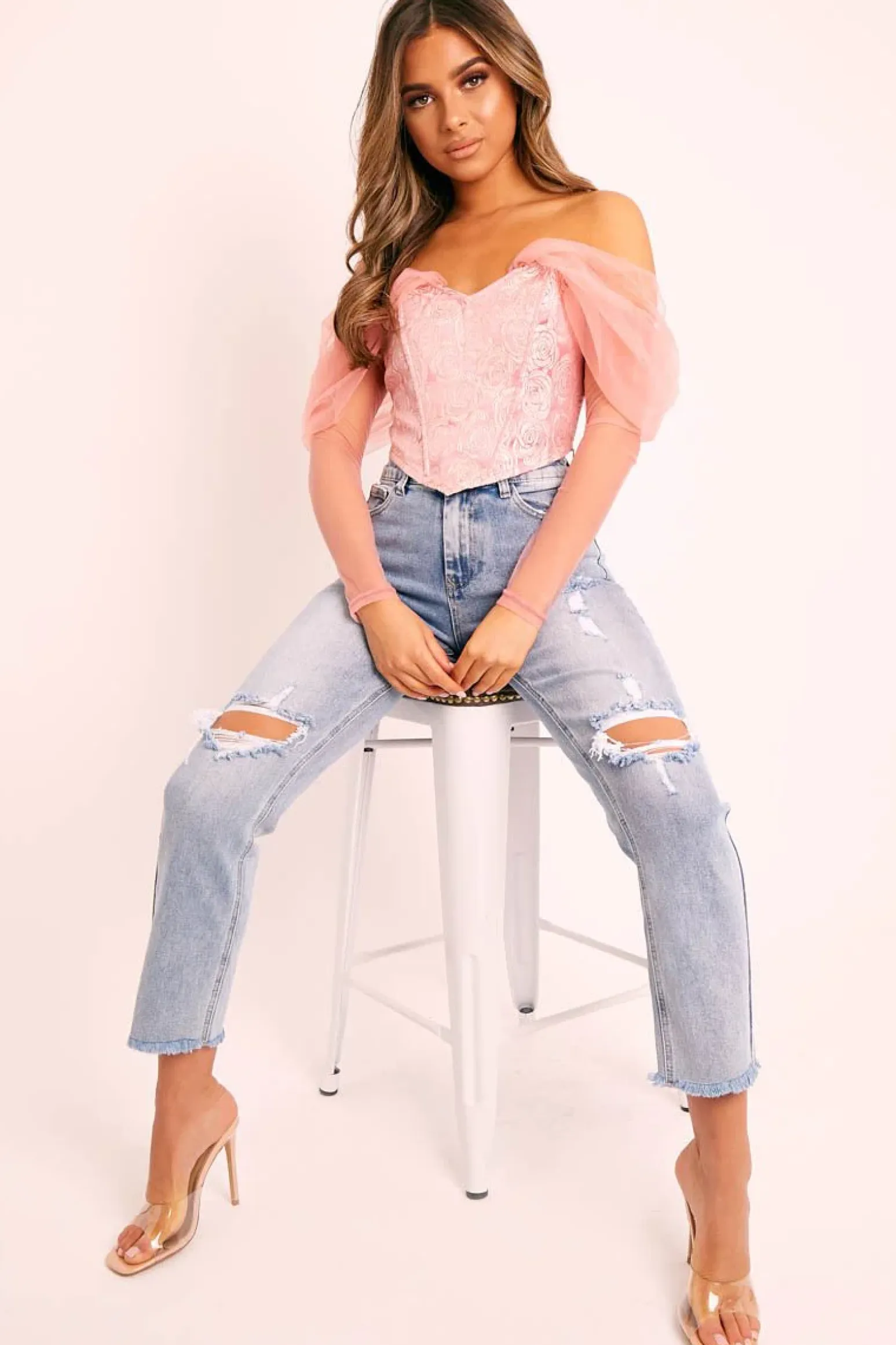 Rebellious Fashion Mid Blue Distressed Knee Boyfriend Jeans - Pia