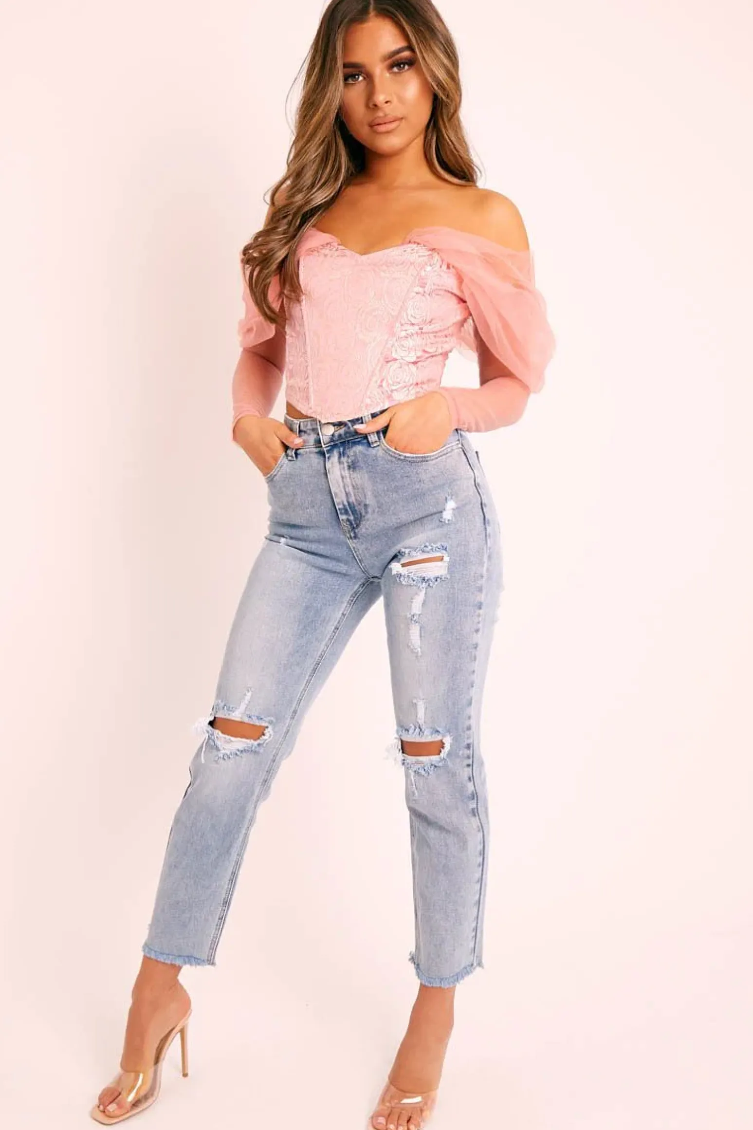 Rebellious Fashion Mid Blue Distressed Knee Boyfriend Jeans - Pia