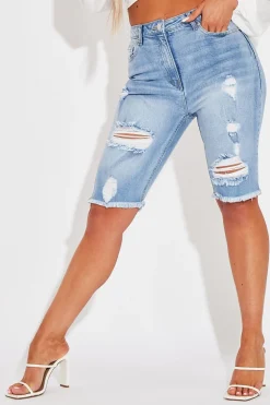 Rebellious Fashion Mid Blue Distressed Longline Denim Shorts - Dakotah
