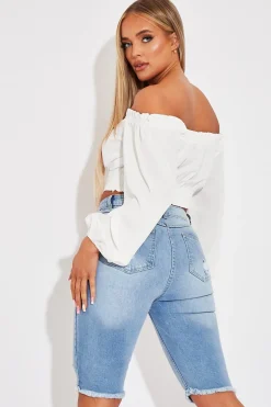 Rebellious Fashion Mid Blue Distressed Longline Denim Shorts - Dakotah
