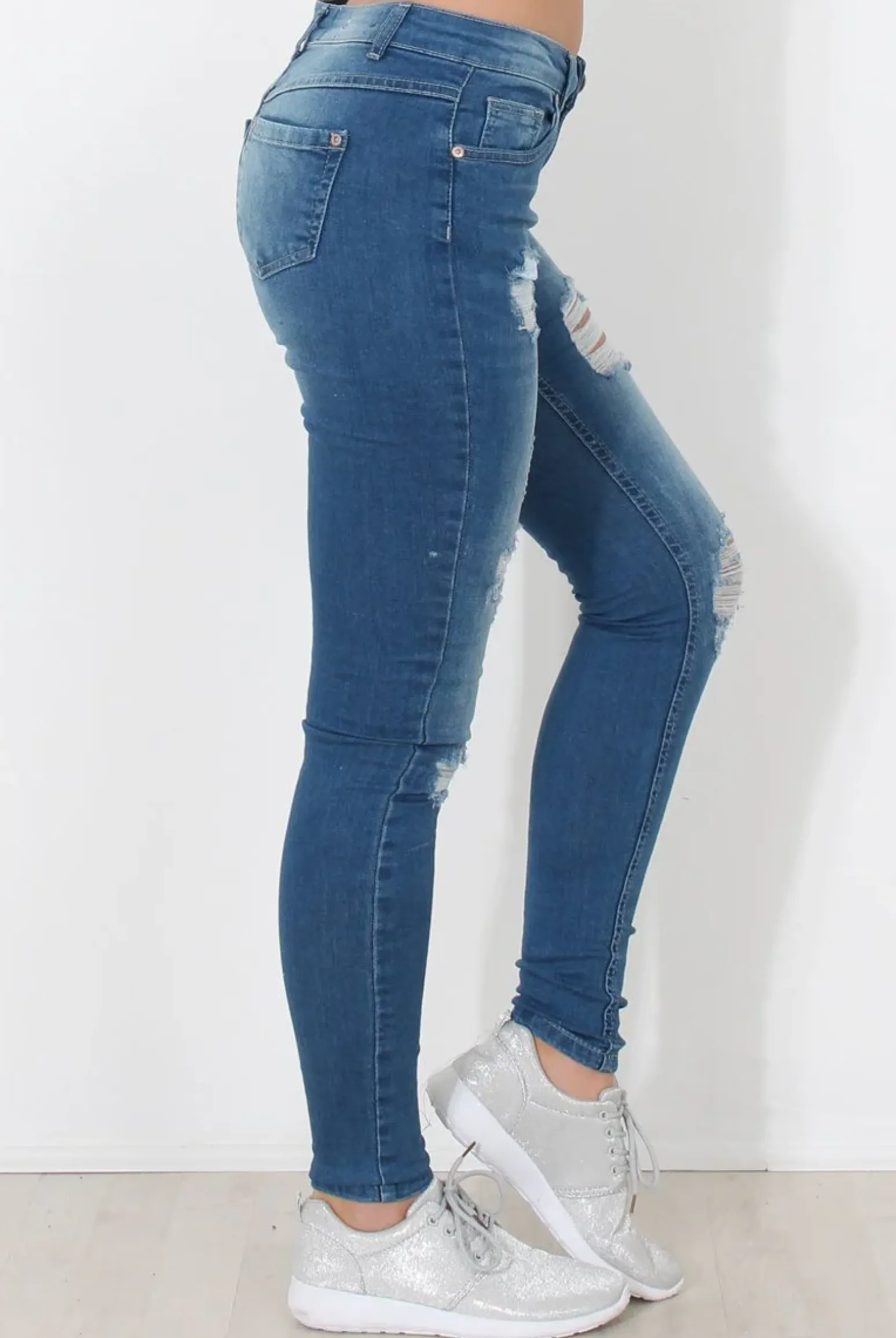 Rebellious Fashion Mid Blue Distressed Skinny Jeans - Hallo