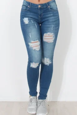 Rebellious Fashion Mid Blue Distressed Skinny Jeans - Hallo