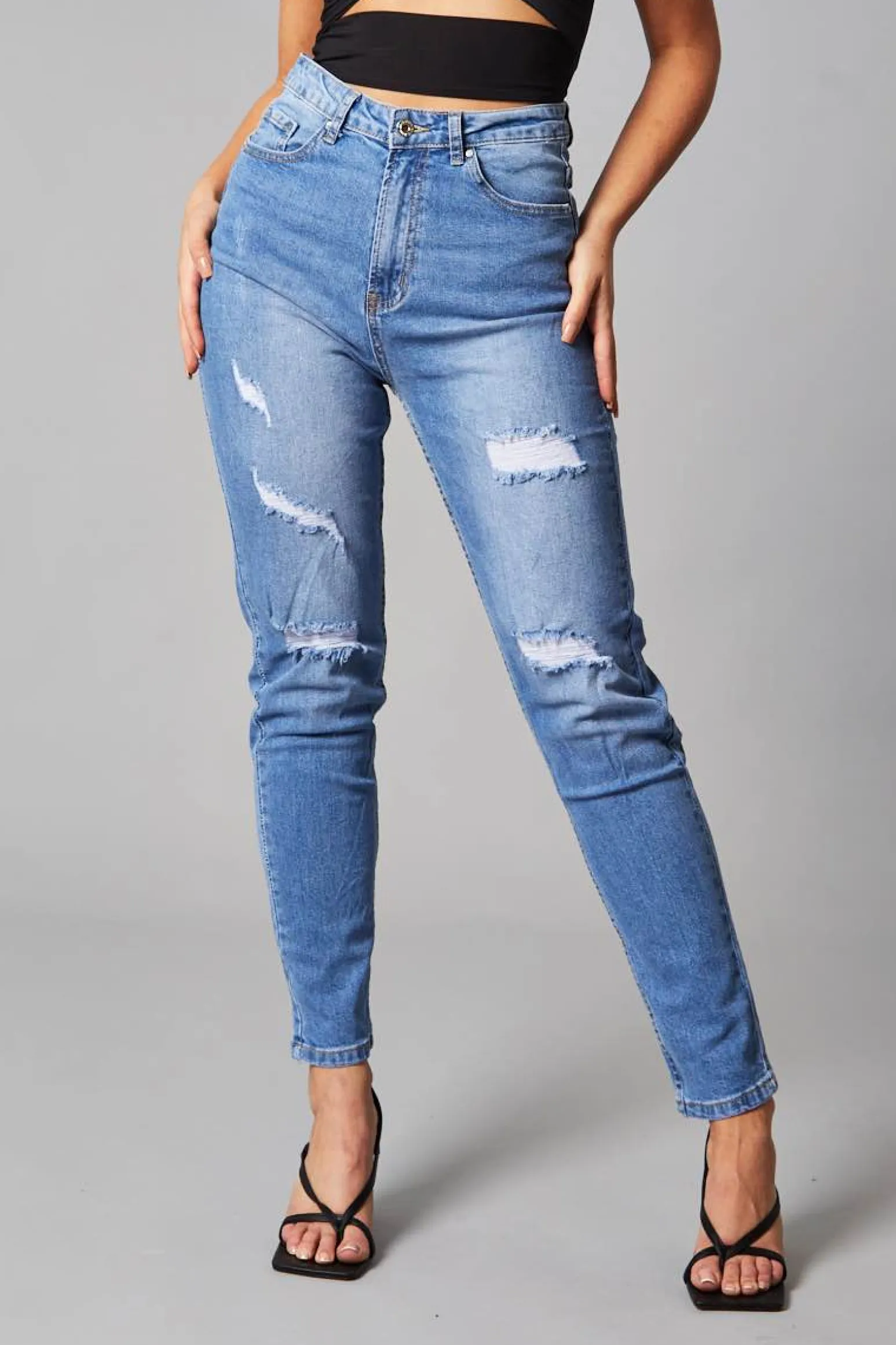 Rebellious Fashion Mid Blue Distressed Straight Jeans - Atria