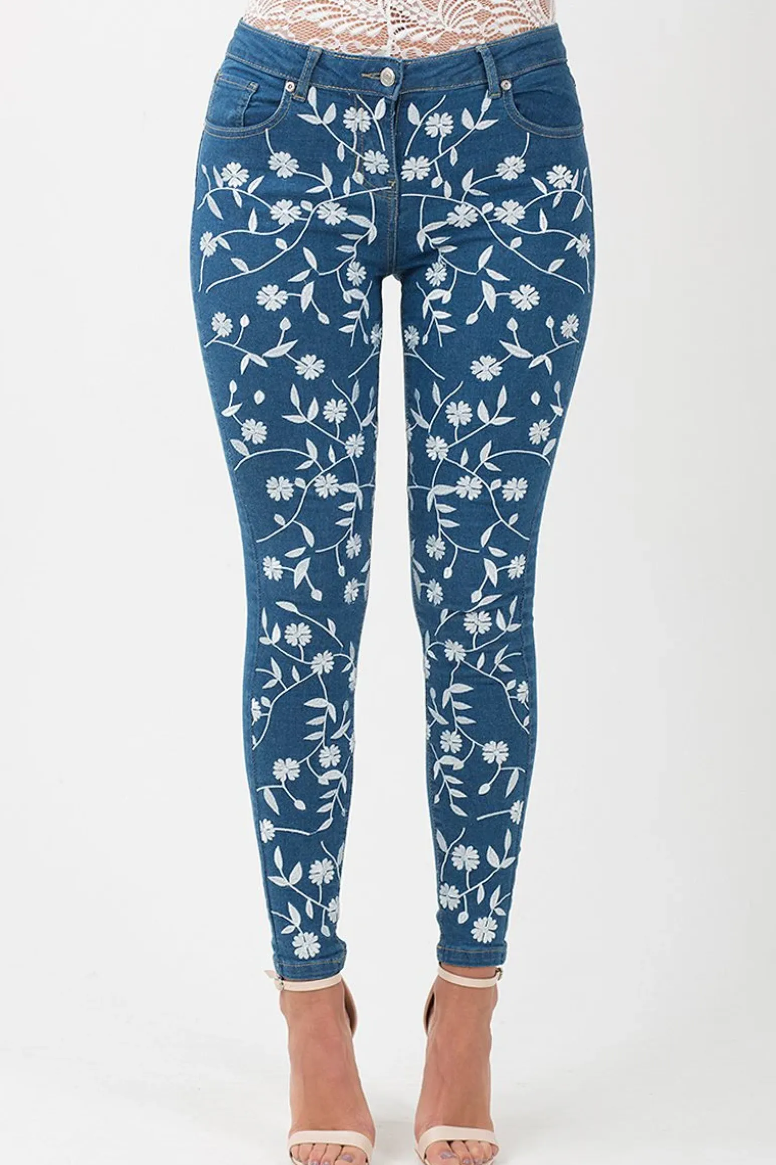 Rebellious Fashion Mid Blue Embroidered Denim Jeans - Franki