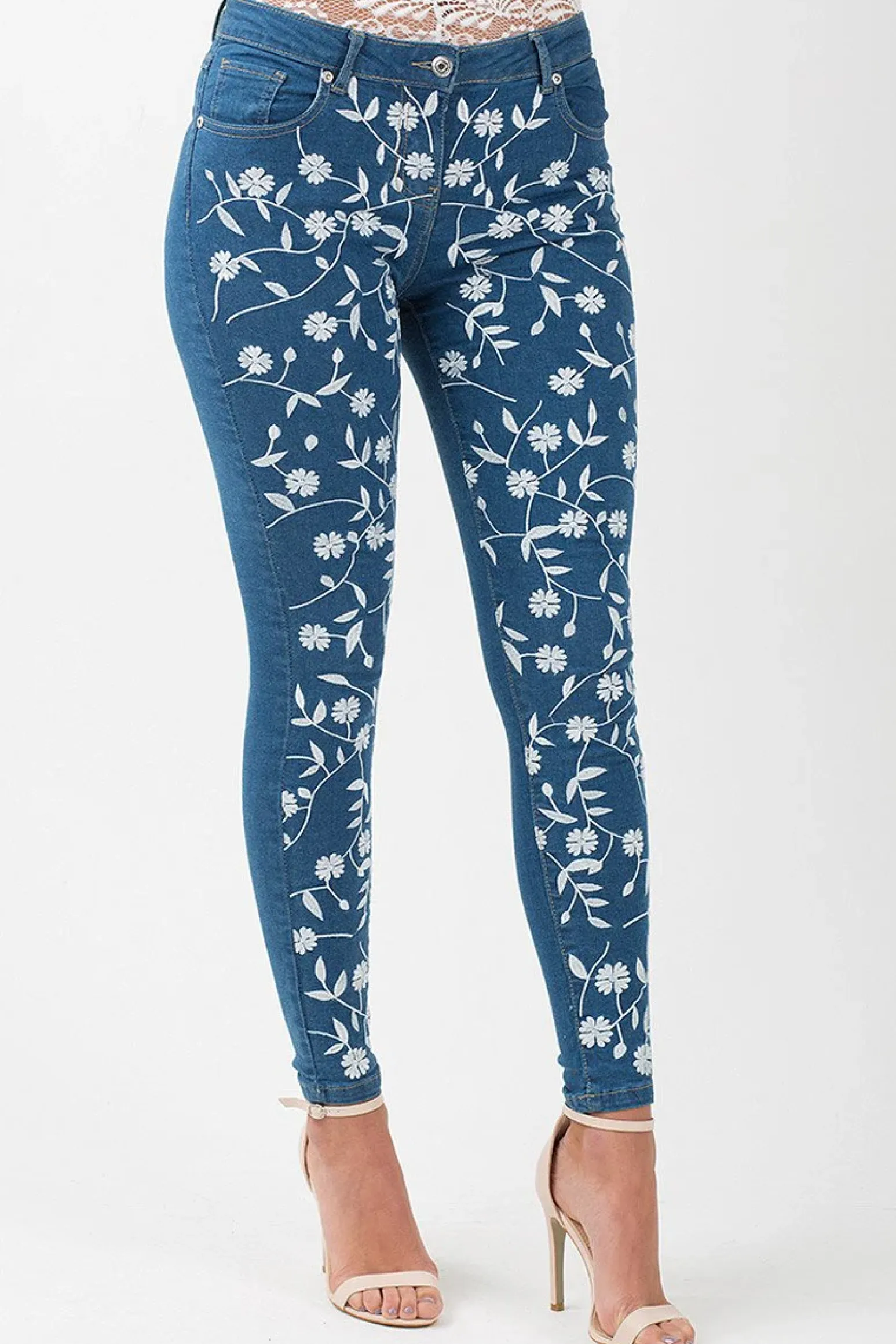 Rebellious Fashion Mid Blue Embroidered Denim Jeans - Franki