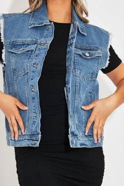 Rebellious Fashion Mid Blue Frayed Hem Longline Denim Gilet - Cataliya