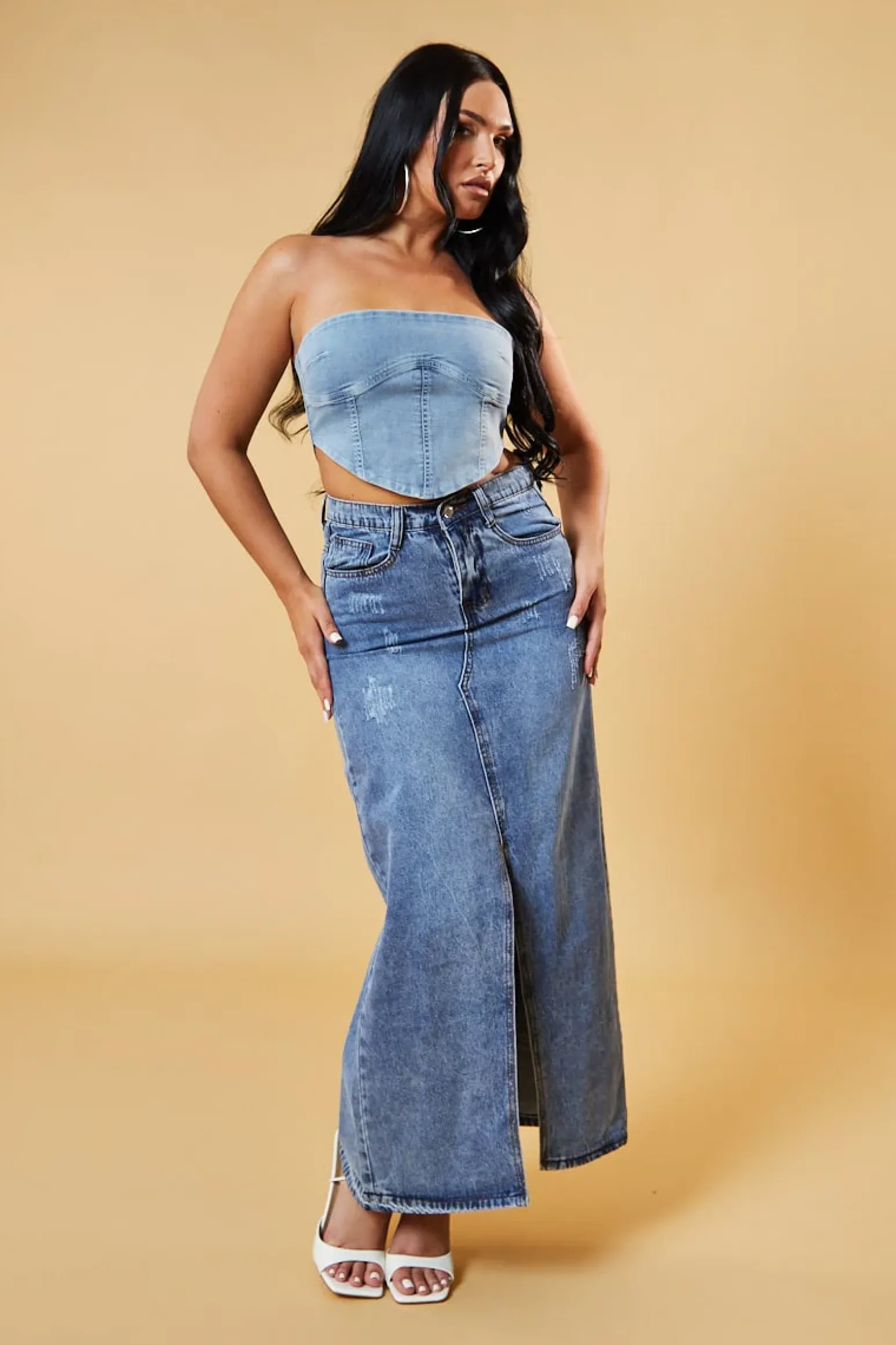 Rebellious Fashion Mid Blue Front Slit Denim Maxi Skirt - Asami
