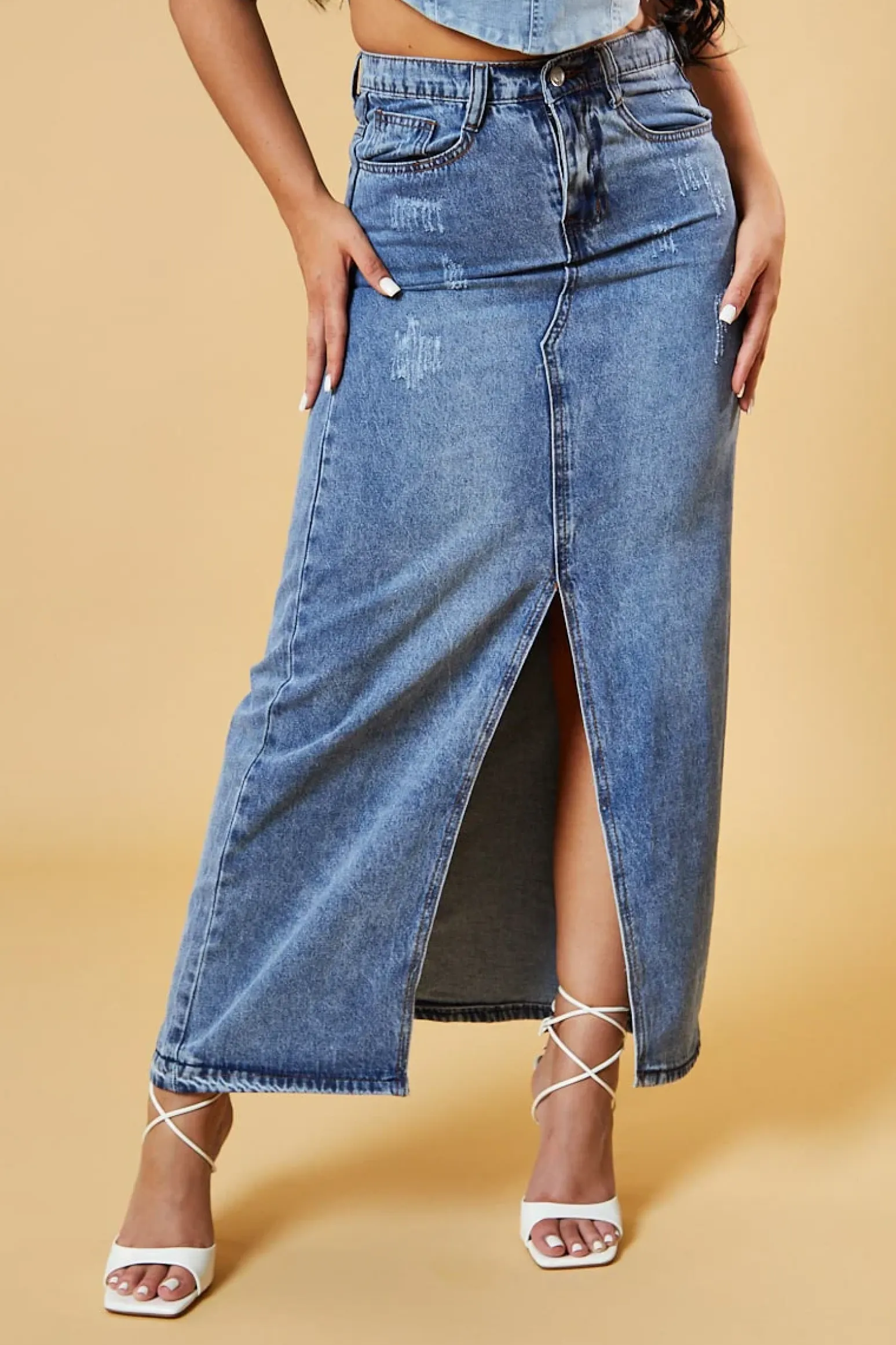 Rebellious Fashion Mid Blue Front Slit Denim Maxi Skirt - Asami