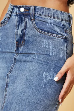 Rebellious Fashion Mid Blue Front Slit Denim Maxi Skirt - Asami